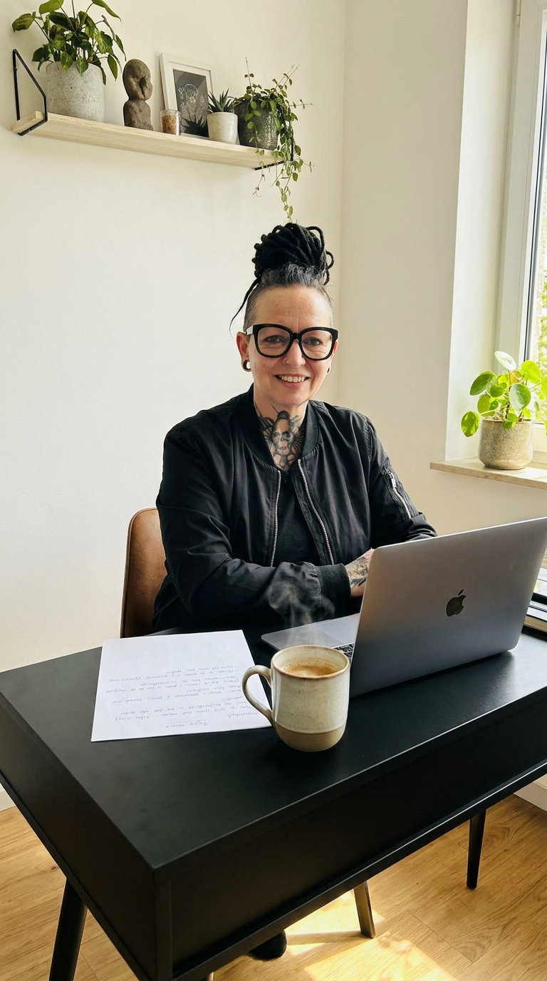 Bettina Werle am Schreibtisch mit Laptop und Kaffee